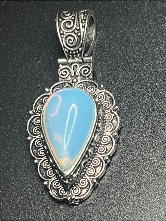 Jewelry - Vintage Silver Tone Opalite Glass Teardrop Filigree Pendant Boho Pendant